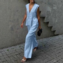 V-Neck Sleeveless Top and Pants Two-Piece Set Solid Color Commuter