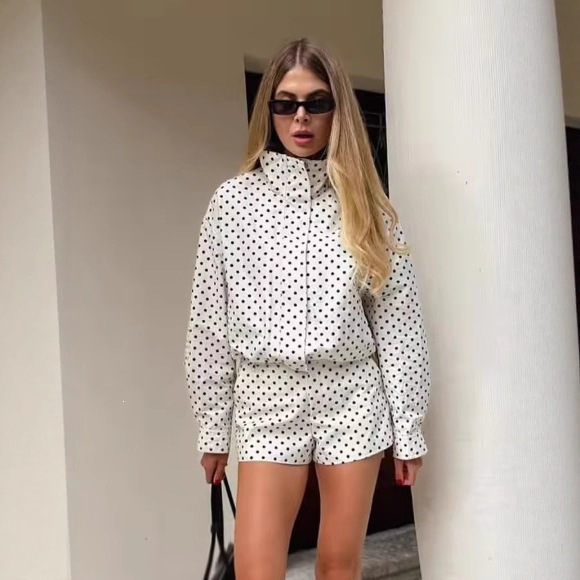 Polka Dot Zip-Up Jacket Casual Stand Collar