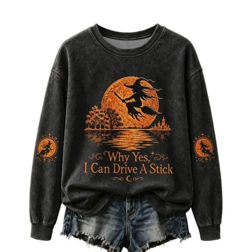 Halloween Witch Castle Print Crewneck Long Sleeve Pullover Sweatshirt