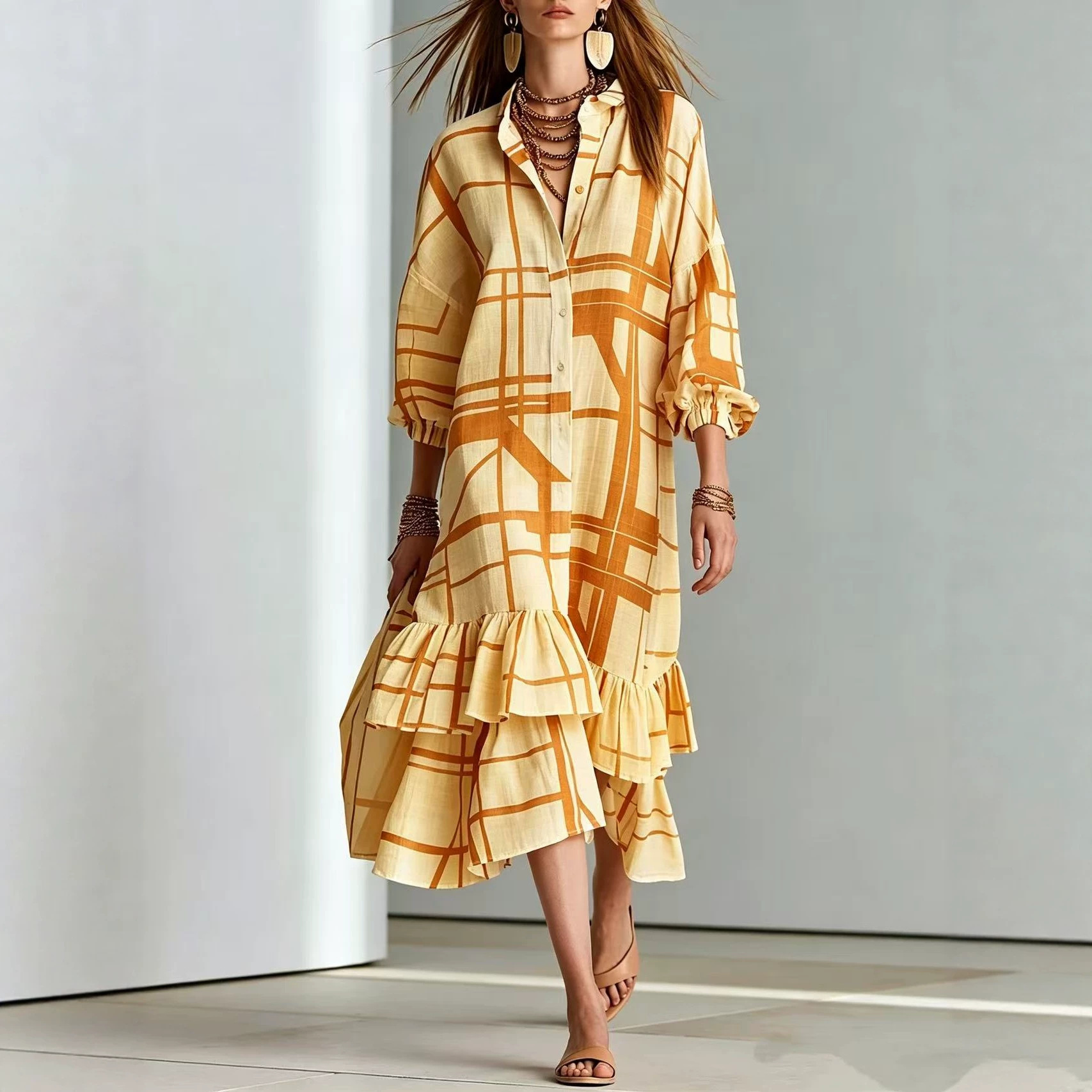 Bohemian Geometric Print Ruffle Asymmetrical Hem Long Shirt Dress