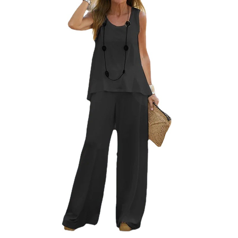 Women's Printed Sleeveless Top and High-Waist Elastic Pants Two-Piece Set