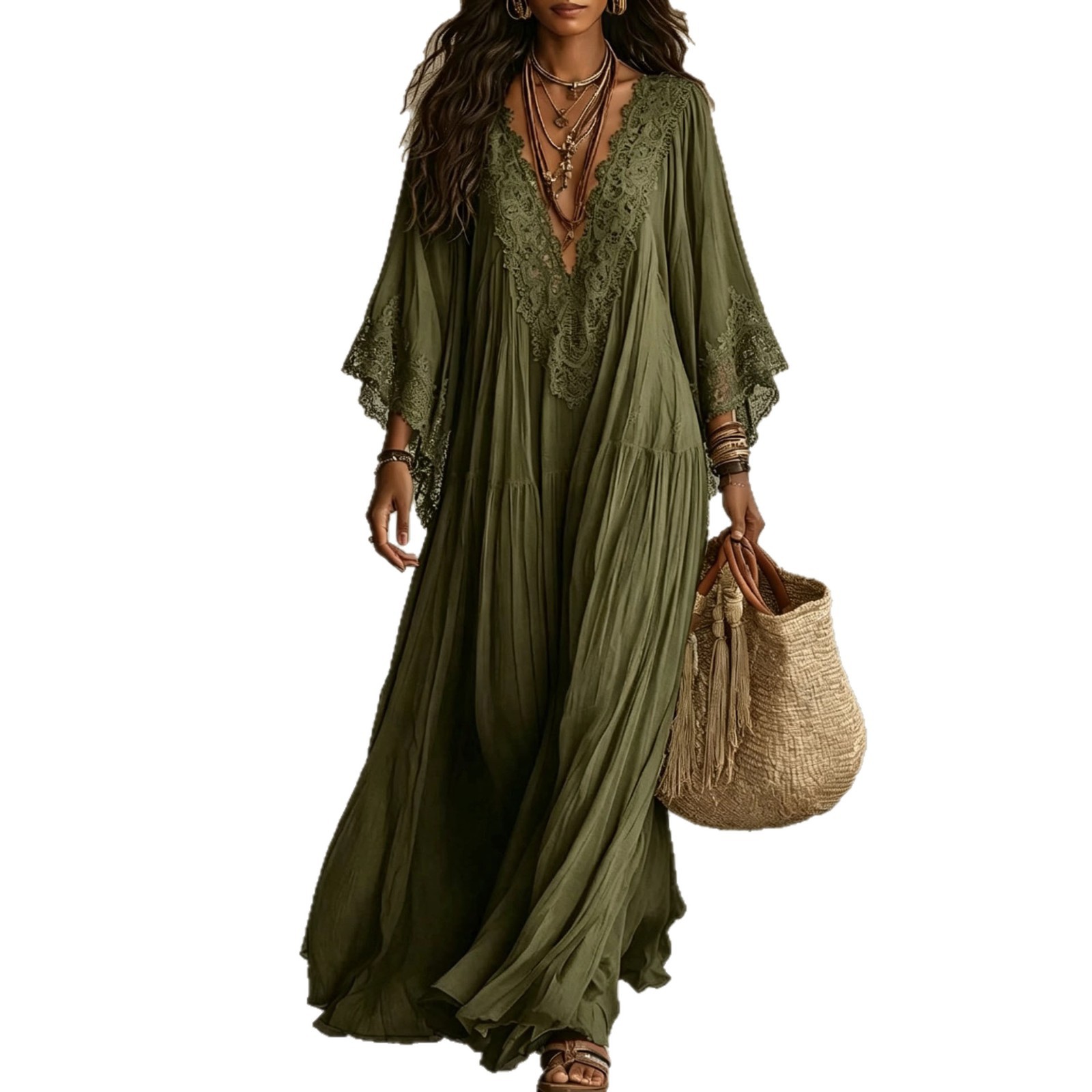 Lace V-Neck Batwing Sleeve Long Dress