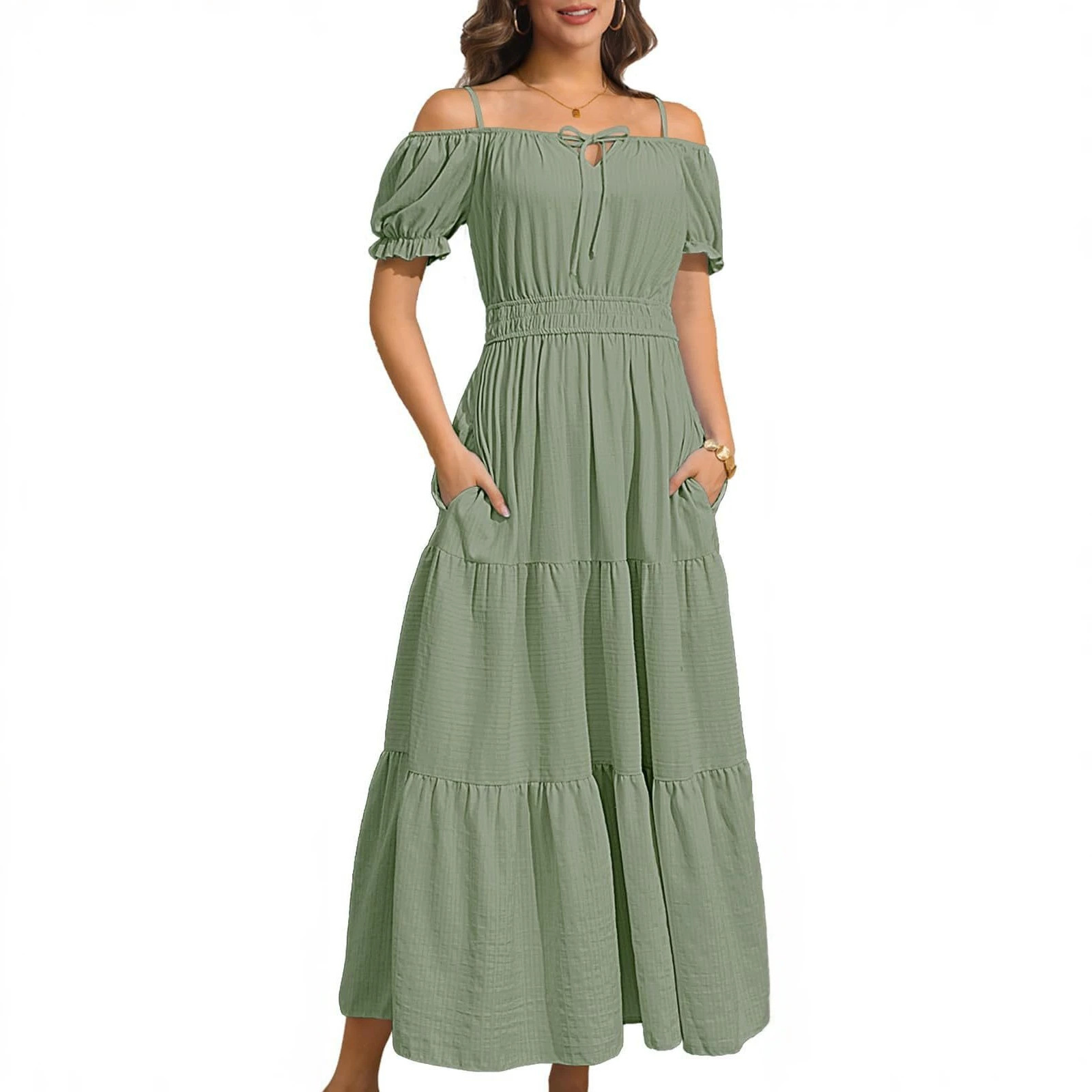Women's Off-Shoulder Puff Sleeve Midi Dress Casual Beach A-Line