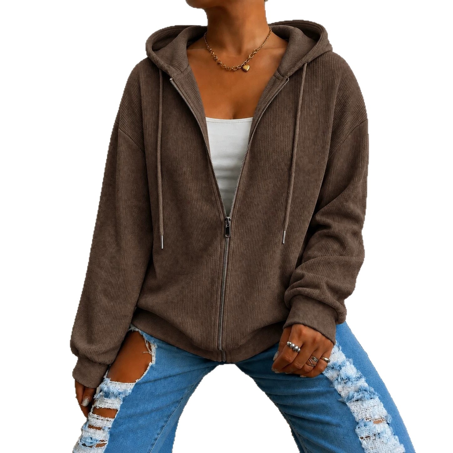 Women's Casual Loose Hooded Zip Knit Cardigan Textured Long Sleeve Outerwear