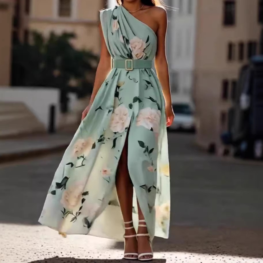 One-Shoulder Digital Print Sleeveless Maxi Dress with Belt