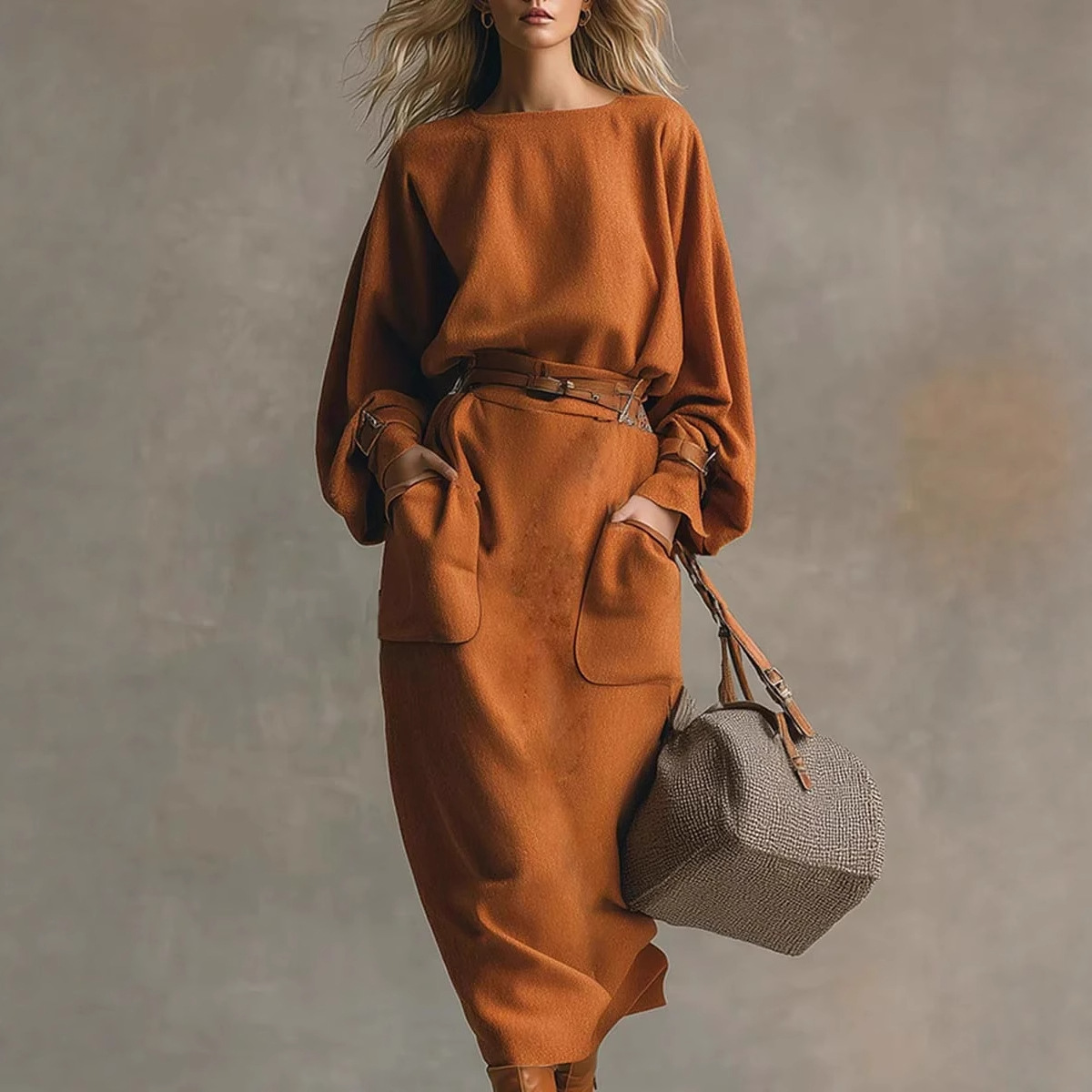 Women's Loose Crewneck Long-Sleeve Top and Pocket Midi Skirt Set