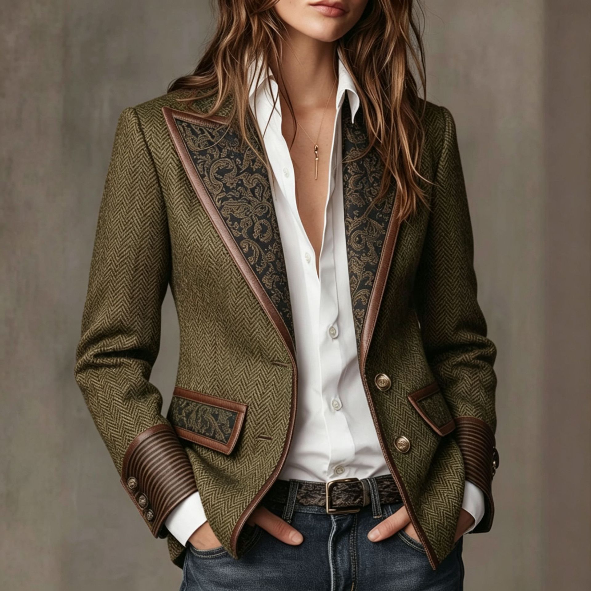 French Retro Color-Block Blazer-Collar Woolen Coat