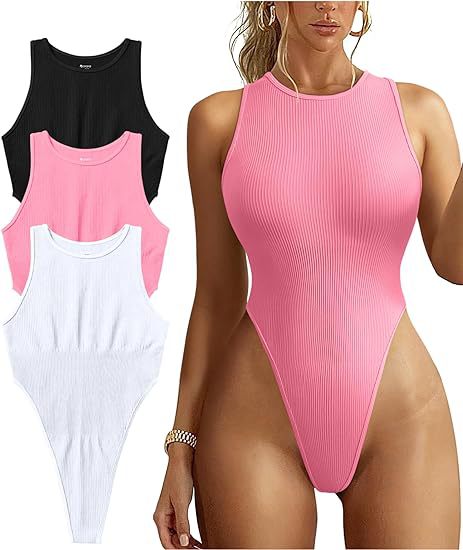 Women's Ribbed Sleeveless Halter Bodysuit Sexy High-Cut