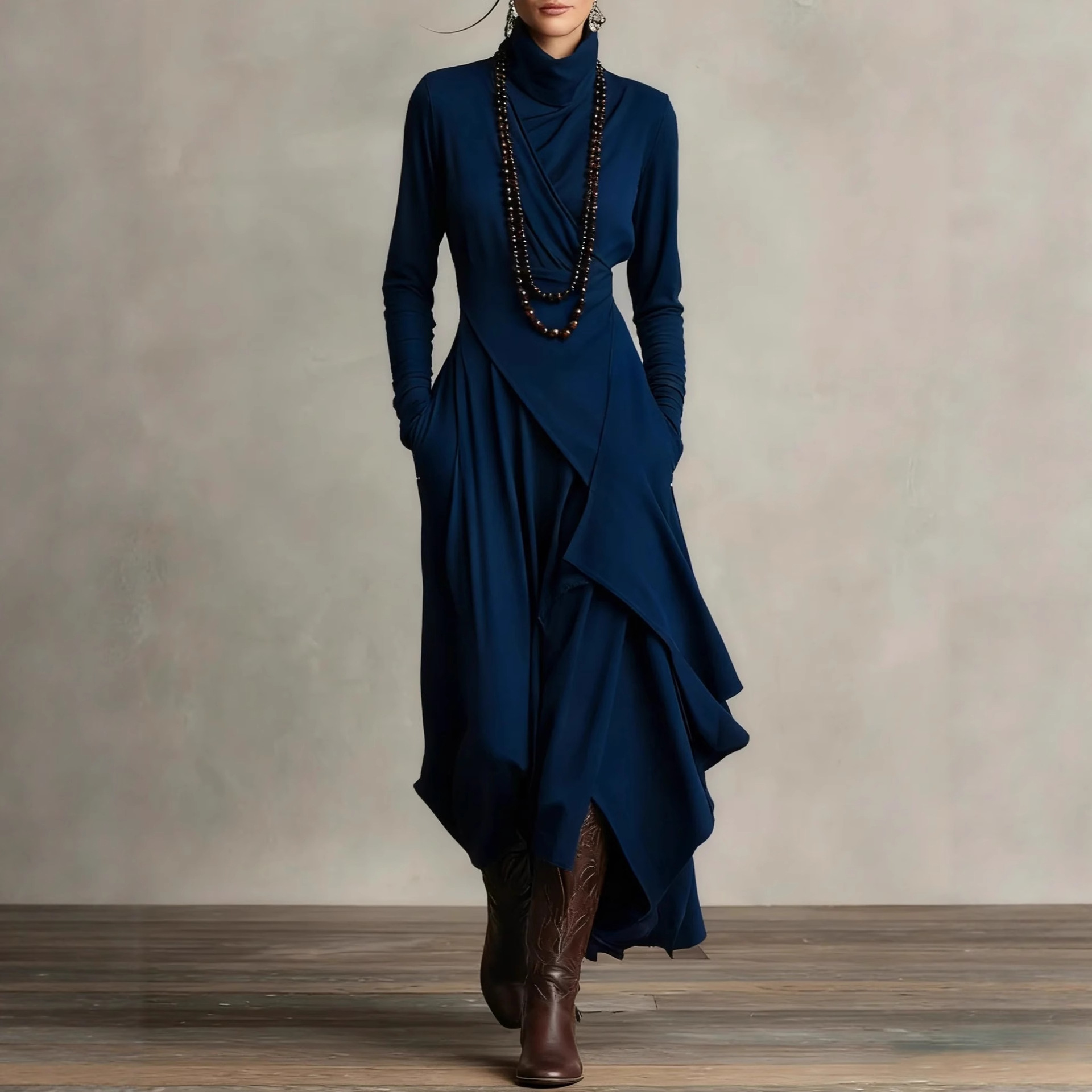 Women's Long Sleeve Cross Front High Neck A-Line Maxi Dress