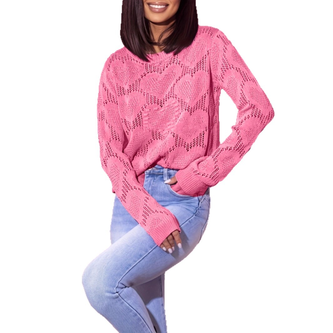 Lightweight Heart Jacquard Open-Knit Pullover Sweater