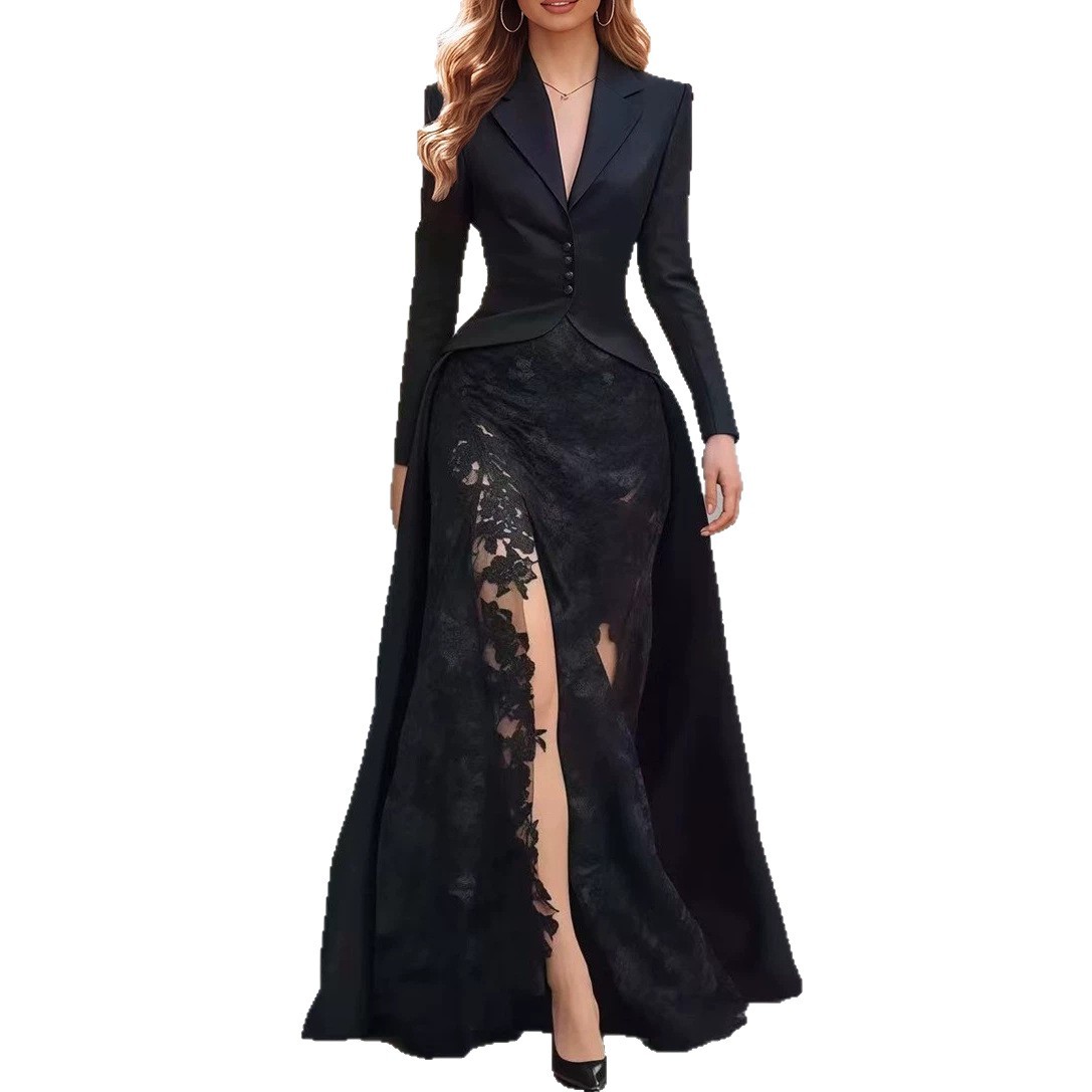 Women's Long Sleeve Lace Blazer Collar Two-Piece Dress Set