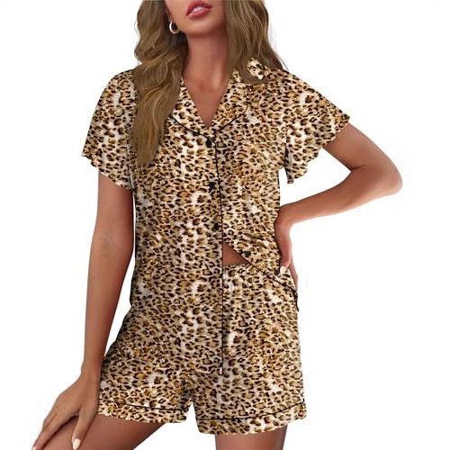 Women's Cuban Collar Polka Dot Leopard Print Short Sleeve Loungewear Set