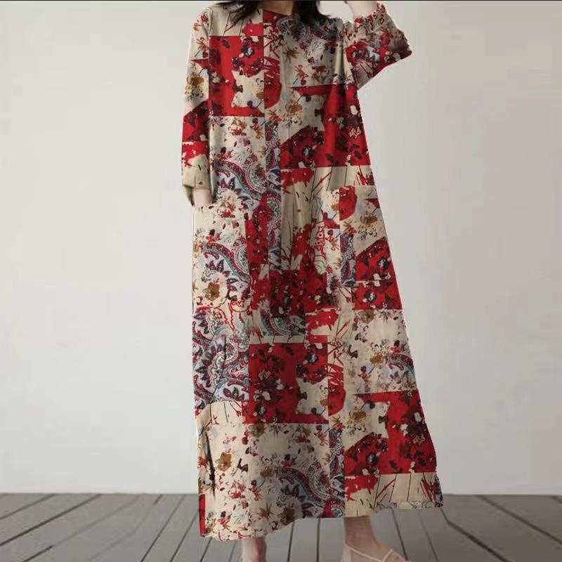 Women's Cotton-Linen Floral Print Round Neck Loose A-Line Midi Dress