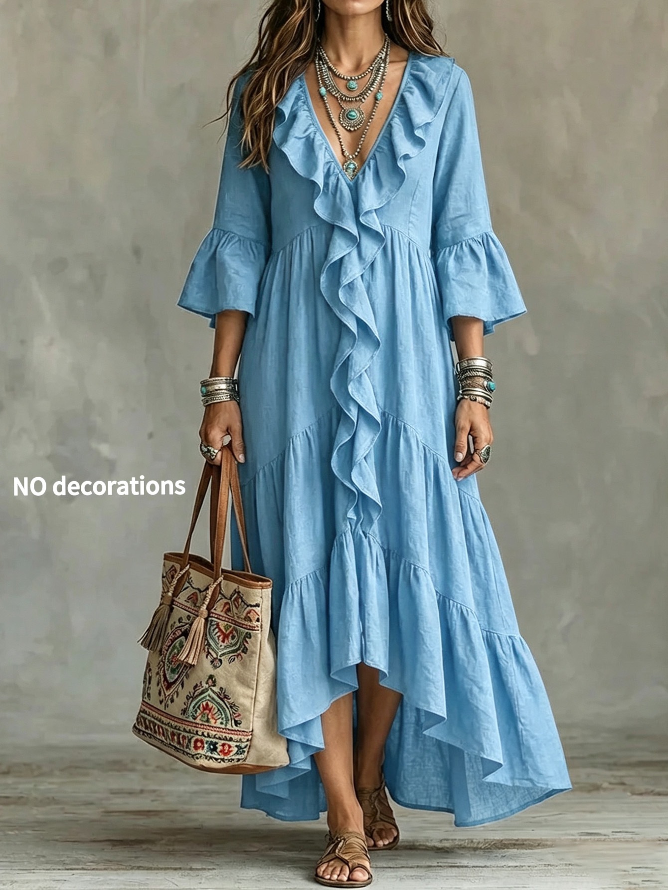 V-Neck Ruffle Bell Sleeve Midi Dress