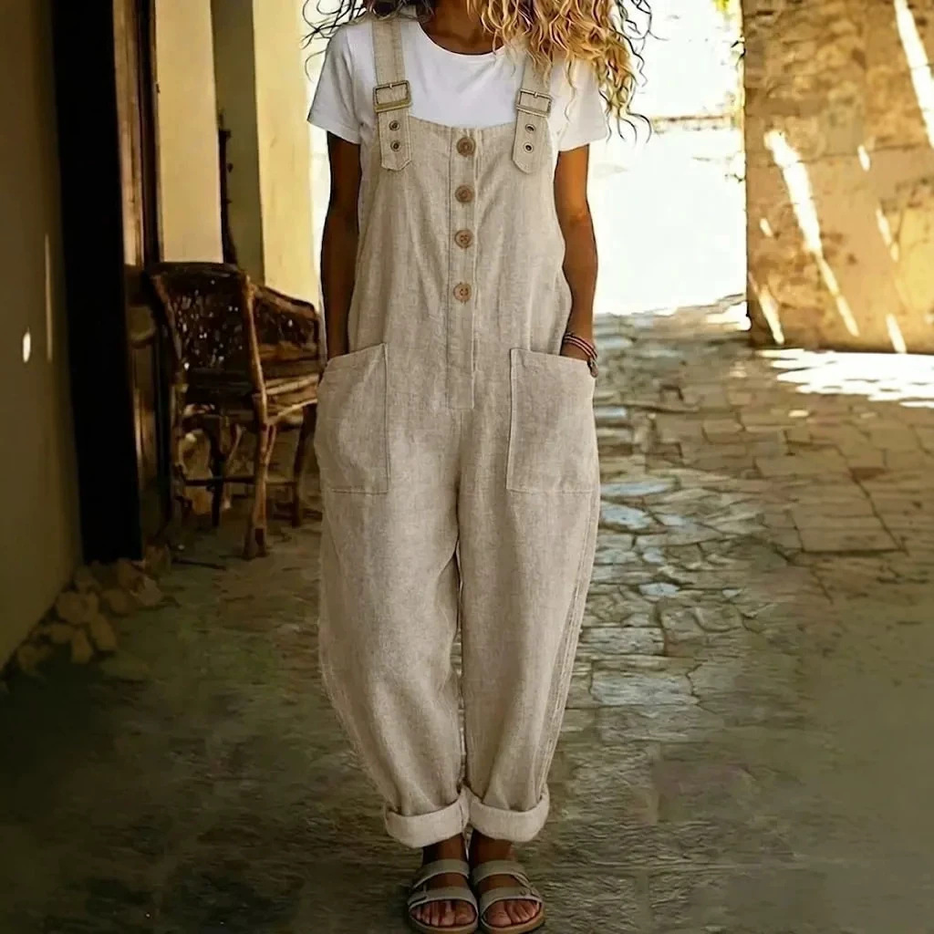 Women's Cotton-Linen Solid Color Vintage Straight-Leg Overalls with Pockets