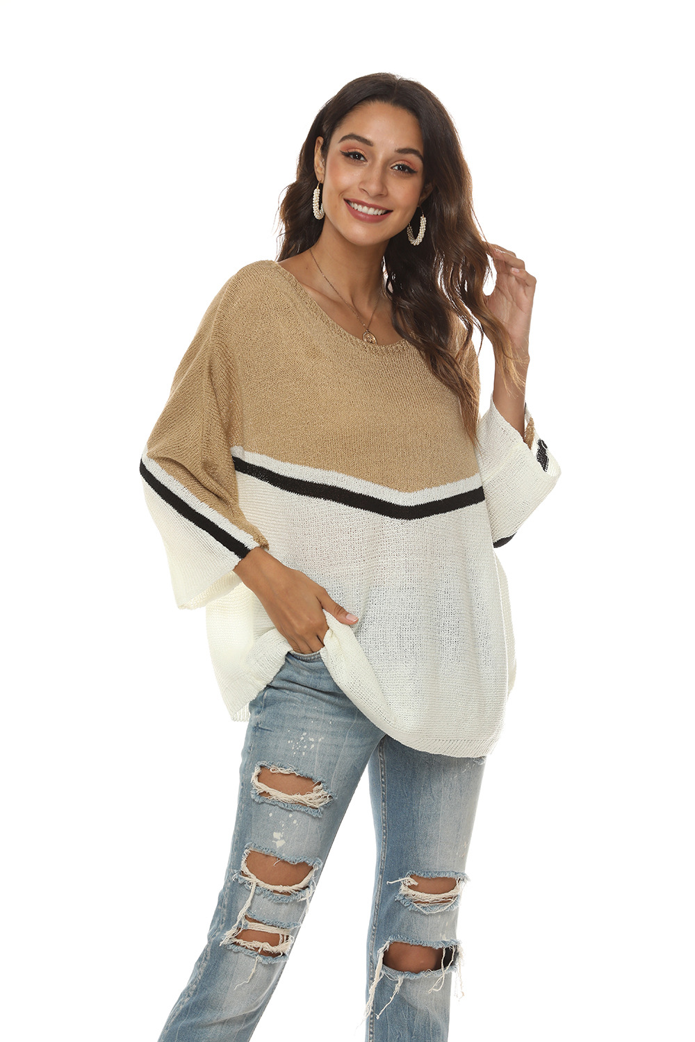 Women's Oversized Knit Batwing Sweater Colorblock Pullover Long Sleeve