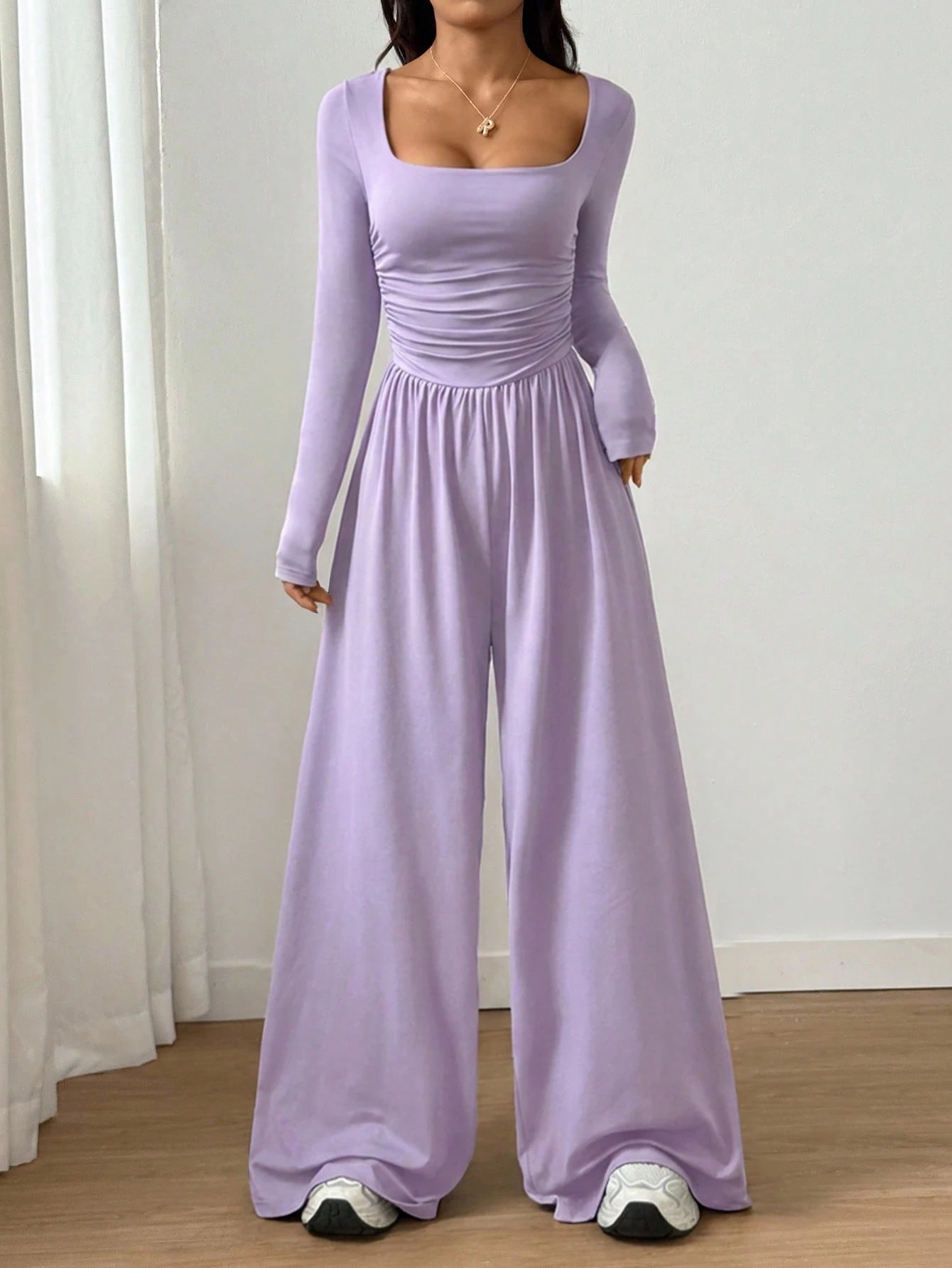 Women's Long Sleeve Square Neck Wide Leg Jumpsuit Solid Color Slimming
