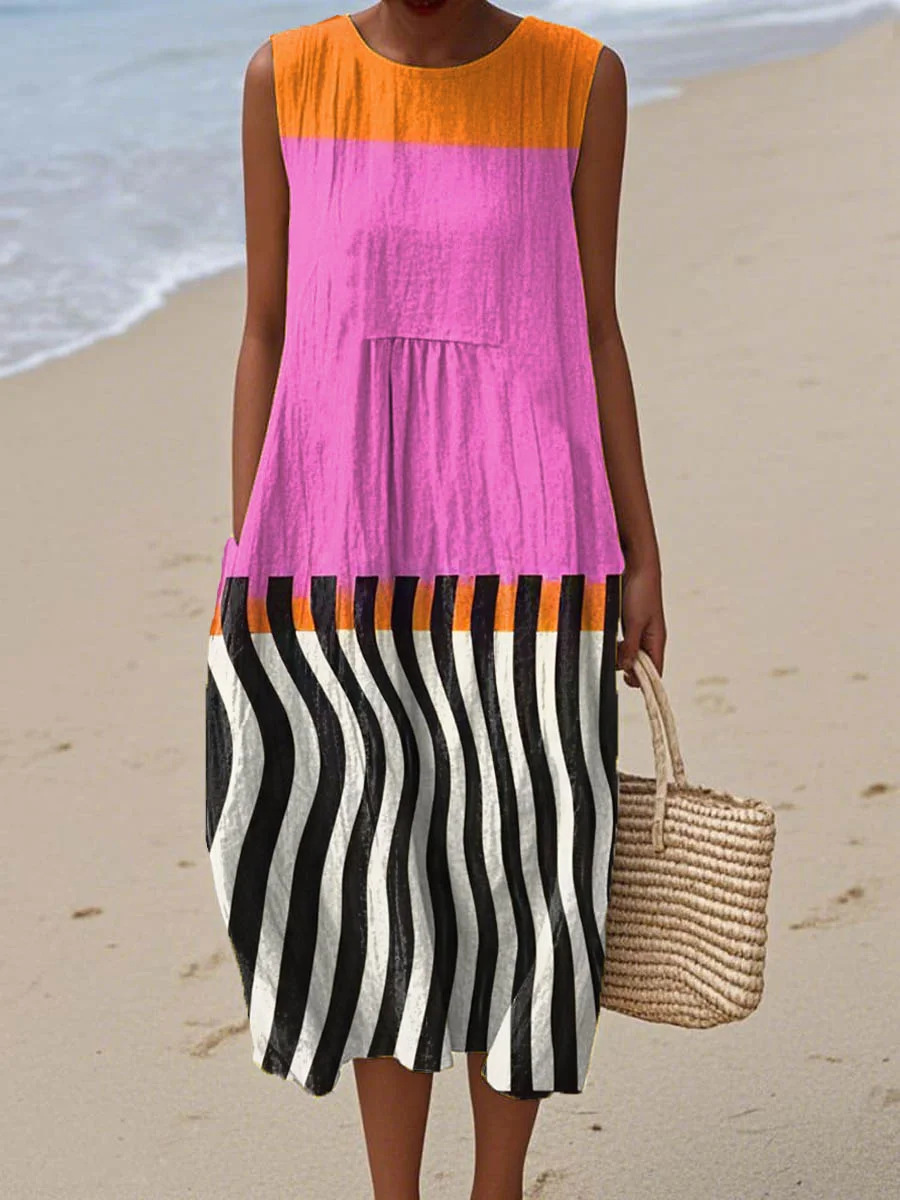 Women's Retro Multicolor Striped Floral Sleeveless Midi Dress