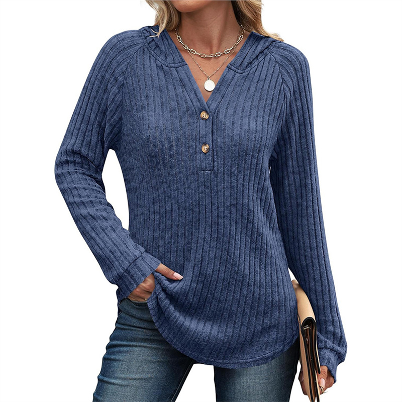 Women's Solid V-Neck Button Loose Hooded Fleece Knit Top