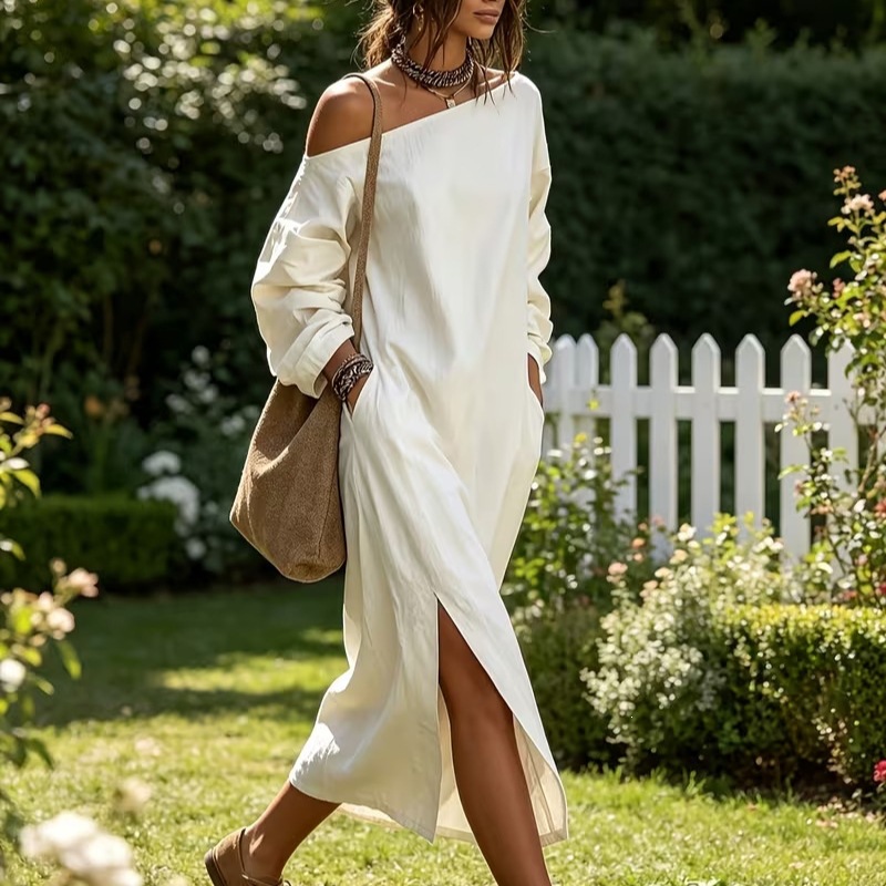 Boho Off-Shoulder Long-Sleeve Maxi Dress with Pockets