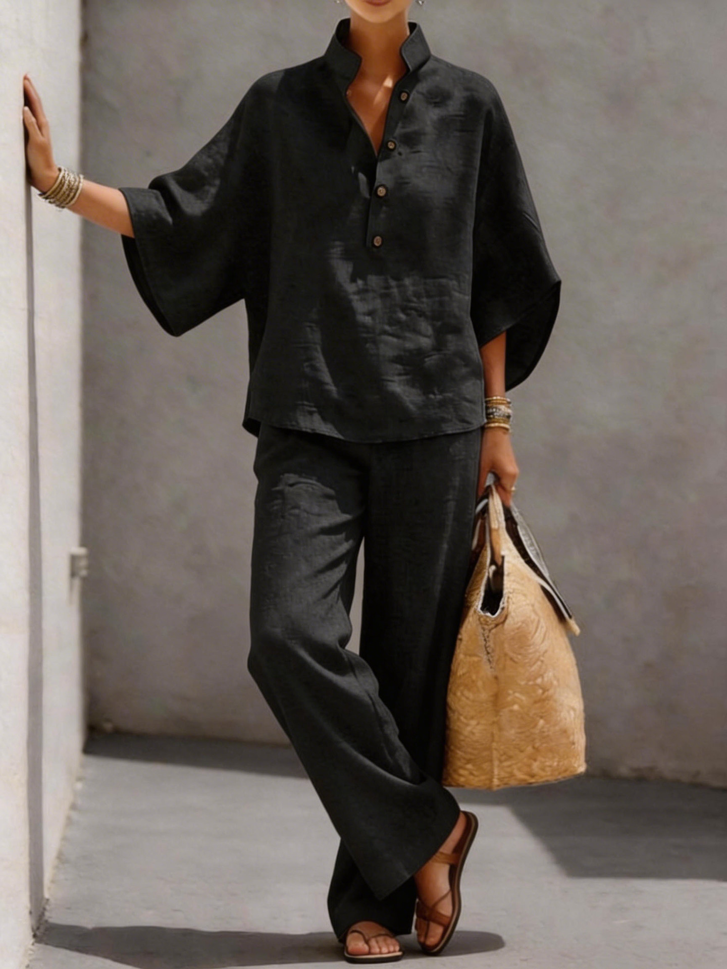 Women's Cotton-Linen Shirt and Pants Two-Piece Set