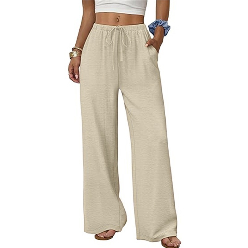 Women's Solid Color Elastic Waist Wide-Leg Beach Pants with Pockets