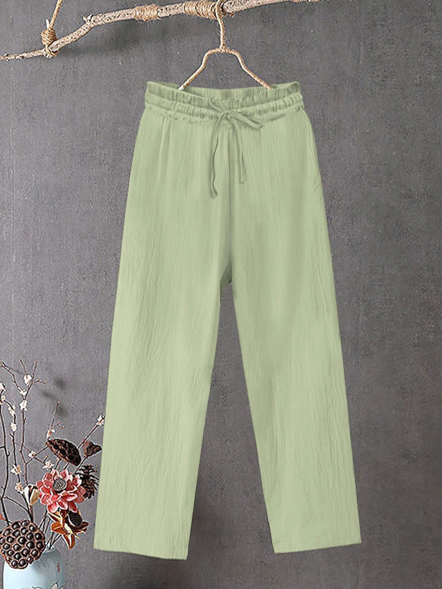 Women's Cotton Linen Wide Leg Pants Elastic Waist Solid Color Loose Fit