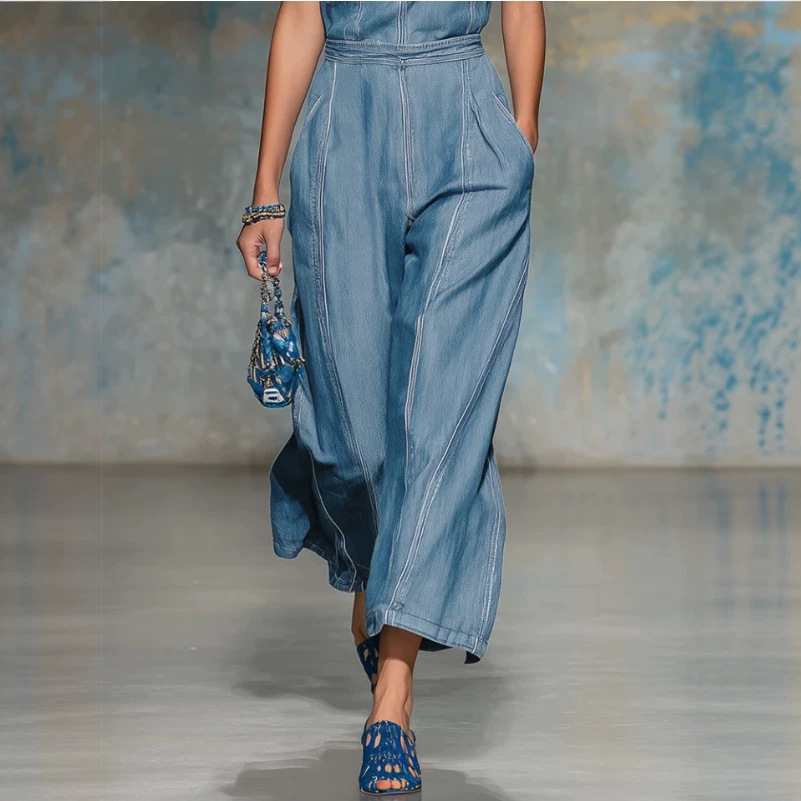 Retro One-Shoulder Denim Jumpsuit