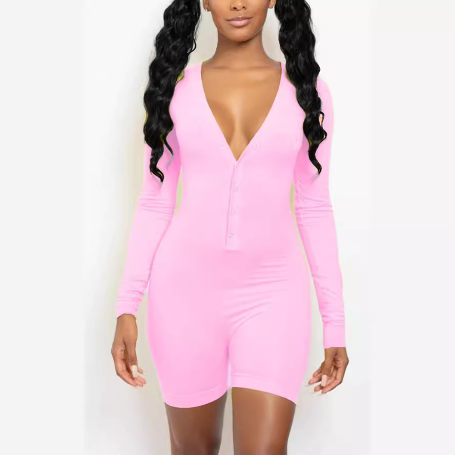 Women's Long Sleeve Deep V-Neck Buttoned Jumpsuit