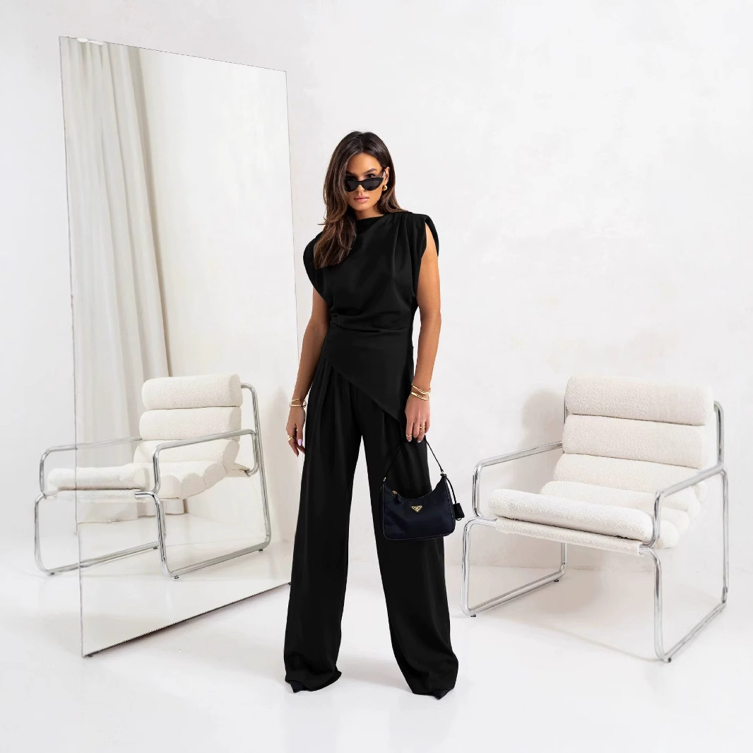 Women's Solid Color Asymmetrical Short Sleeve Two-Piece Set