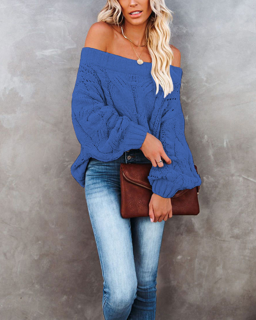 Off-Shoulder Loose Knit Pullover Sweater Solid Color