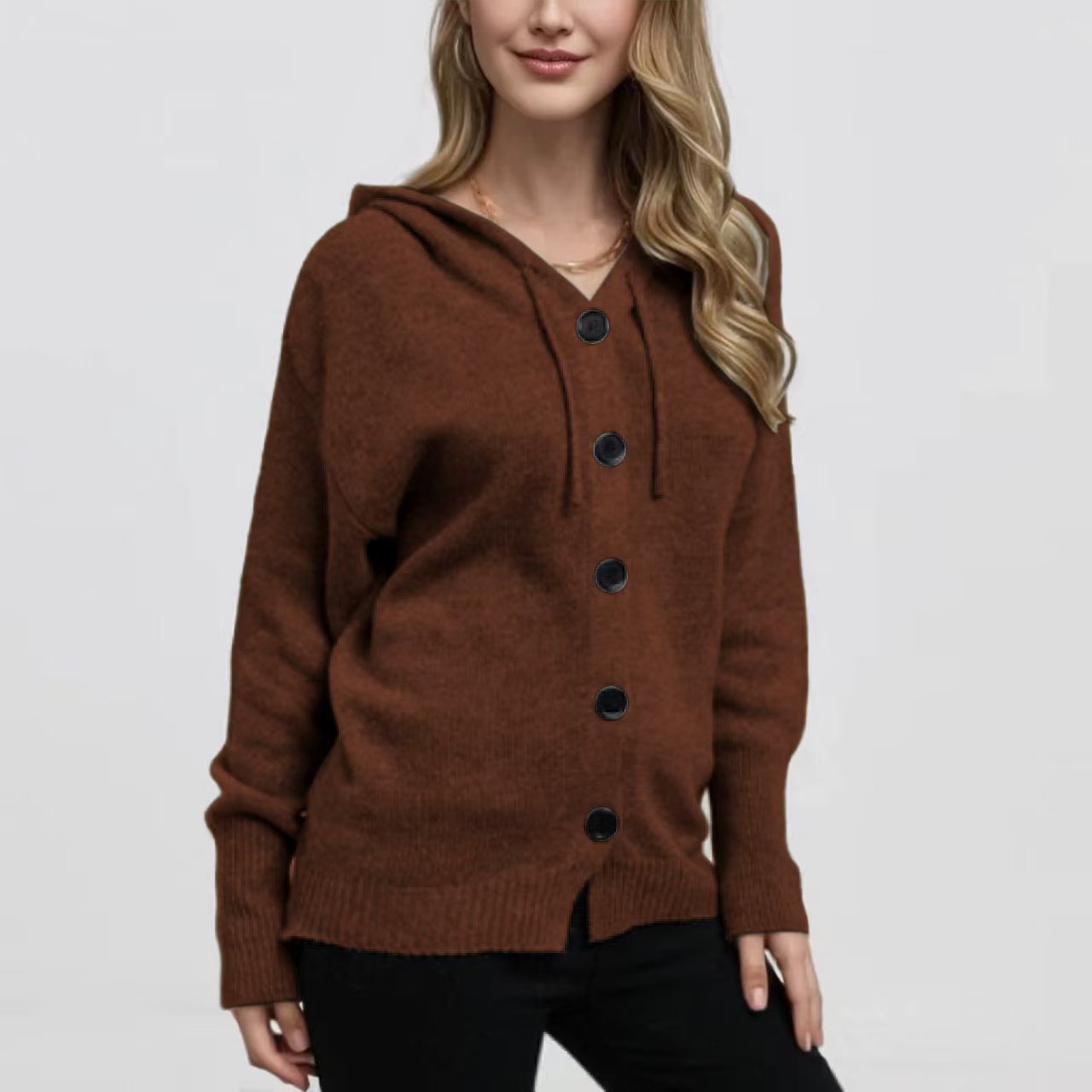 Women's Hooded Button-Front Cardigan Sweater V-Neck Solid Knit