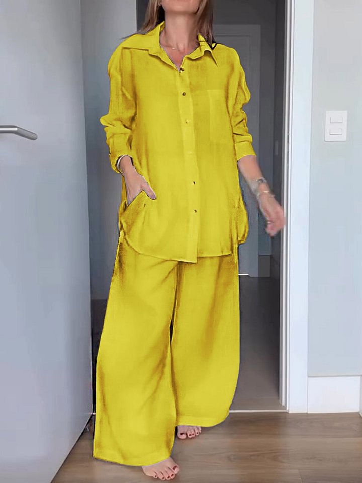 Women's Casual Linen-Blend Shirt and Pants Set with Colorblock Detail