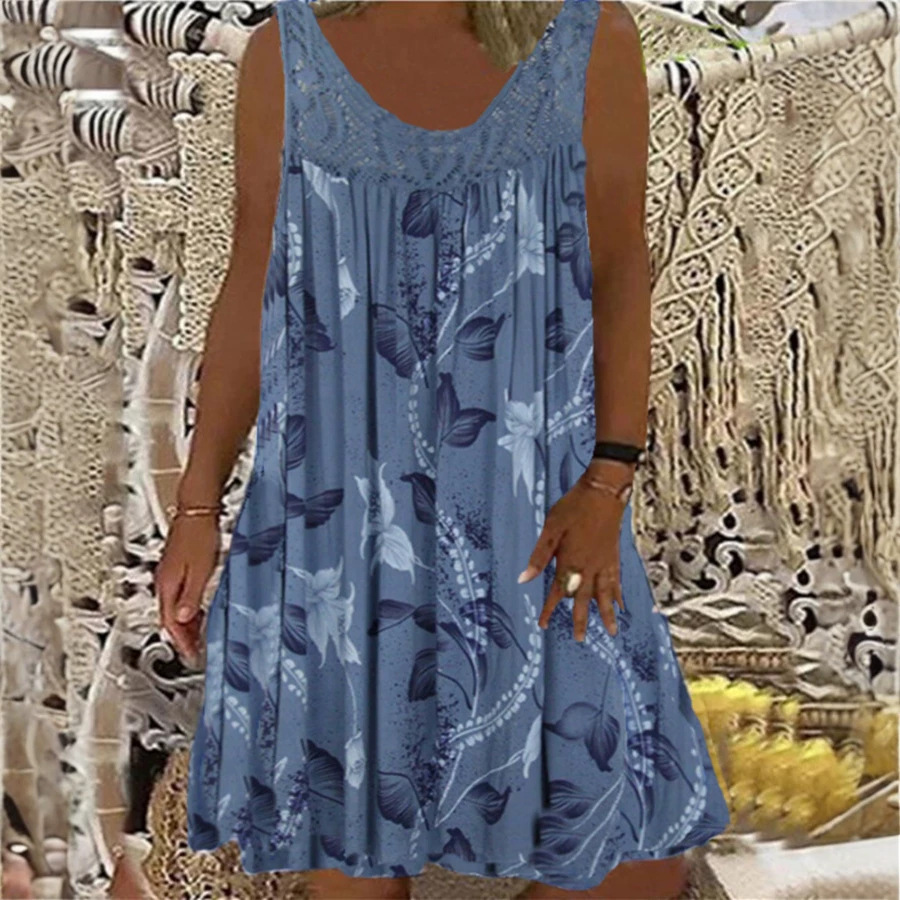 Women's Vintage Floral Butterfly Midi Dress Sleeveless Round Neck Slim Fit