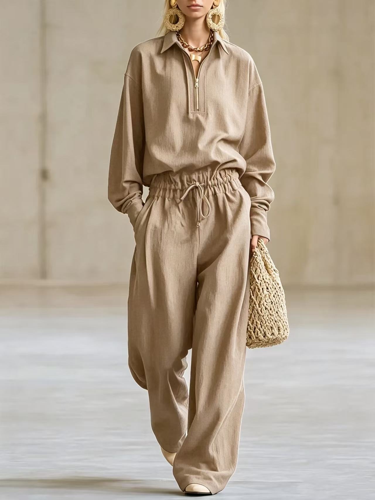 Solid Color Long Sleeve Drawstring Hoodie & Wide Leg Pants Set