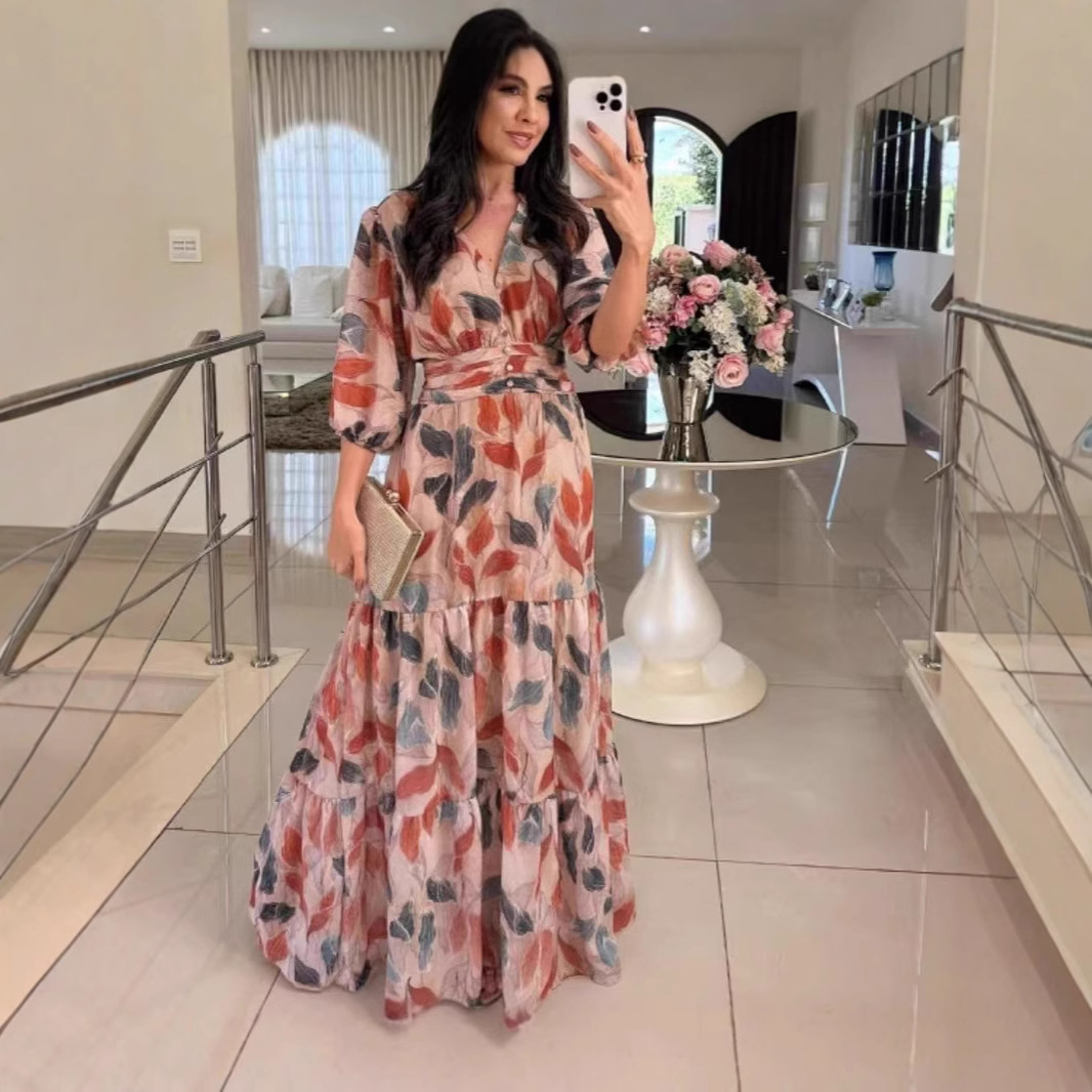 Women's V-Neck Floral Print Long Dress with Lantern Sleeves