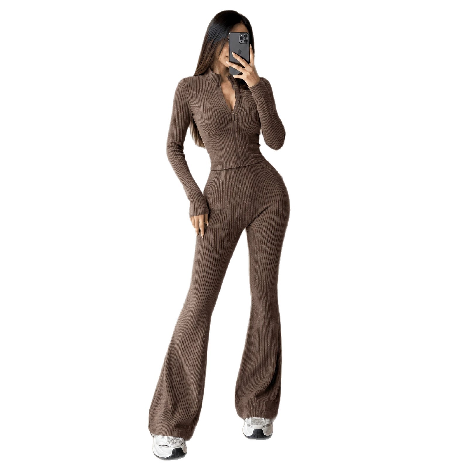 Women's Textured Zip Cardigan & High-Waist Flared Pants Set