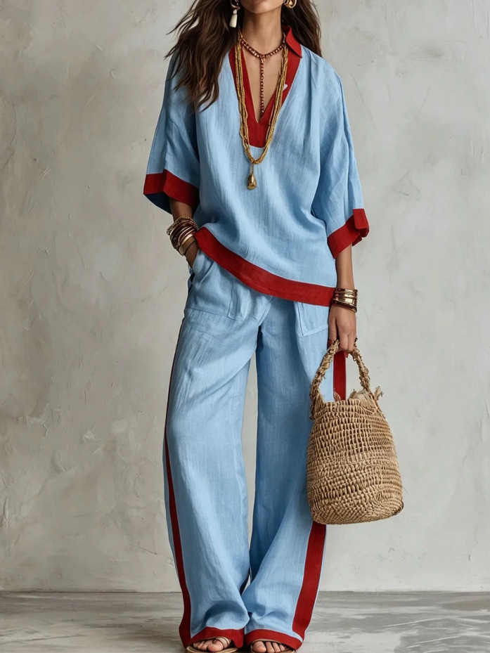 Color-Block Linen Blend Lounge Set – V-Neck Top & Wide-Leg Pants