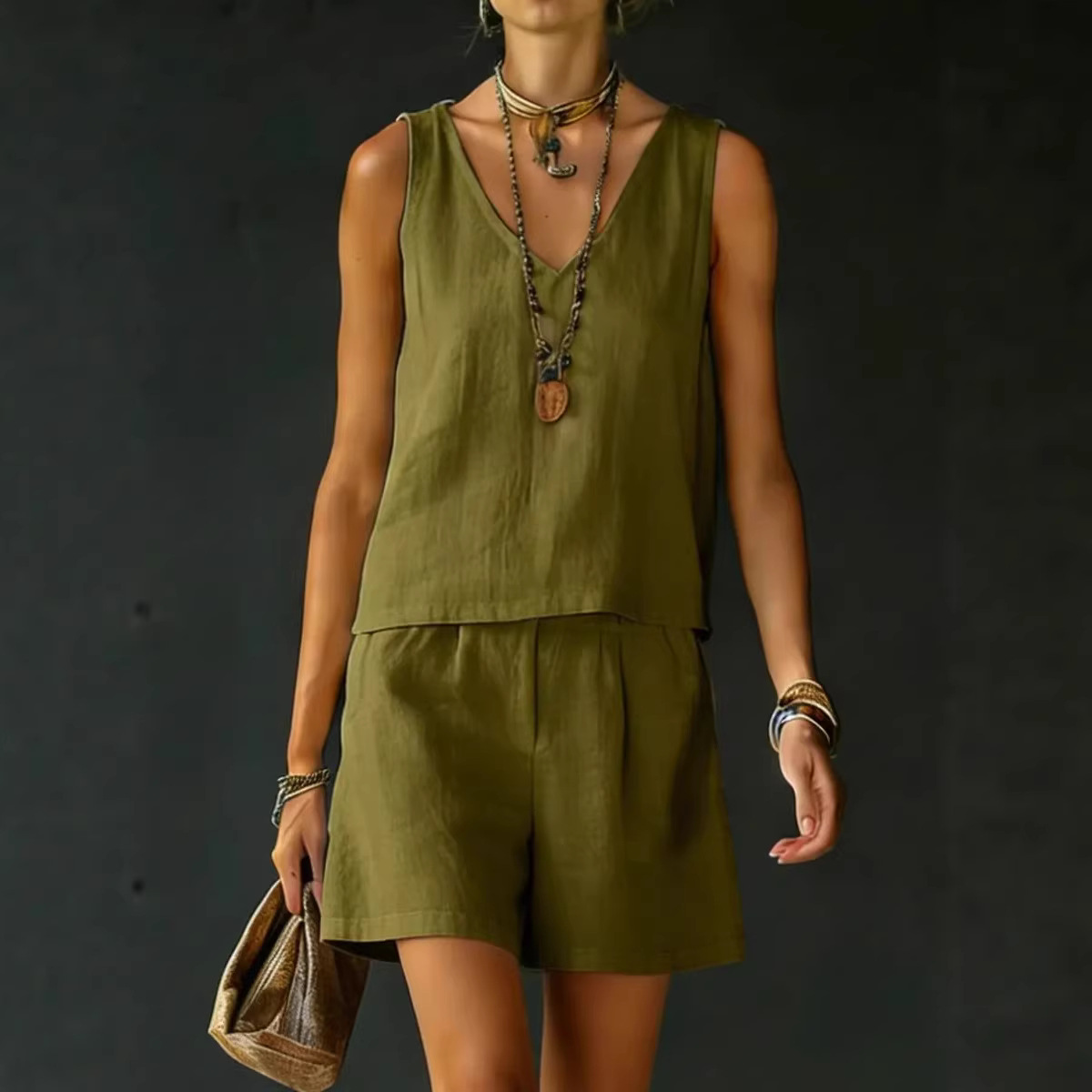 Women's Cotton-Linen Sleeveless Tank and Shorts Set Casual Solid Color