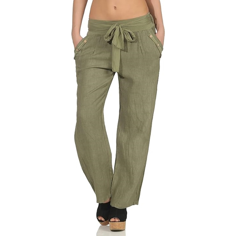 Women's Cotton-Linen Straight-Leg Pants with Belt