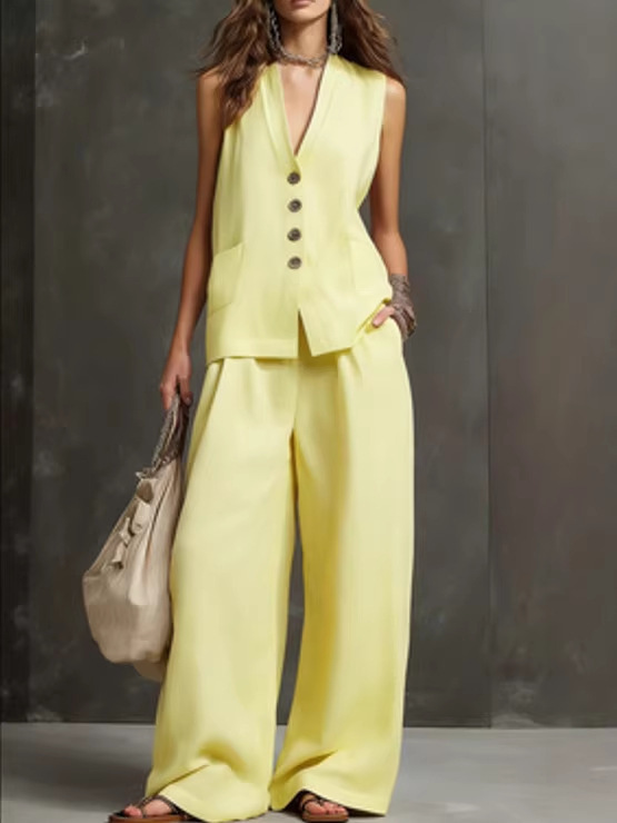 Women's Sleeveless Button Two-Piece Pant Set