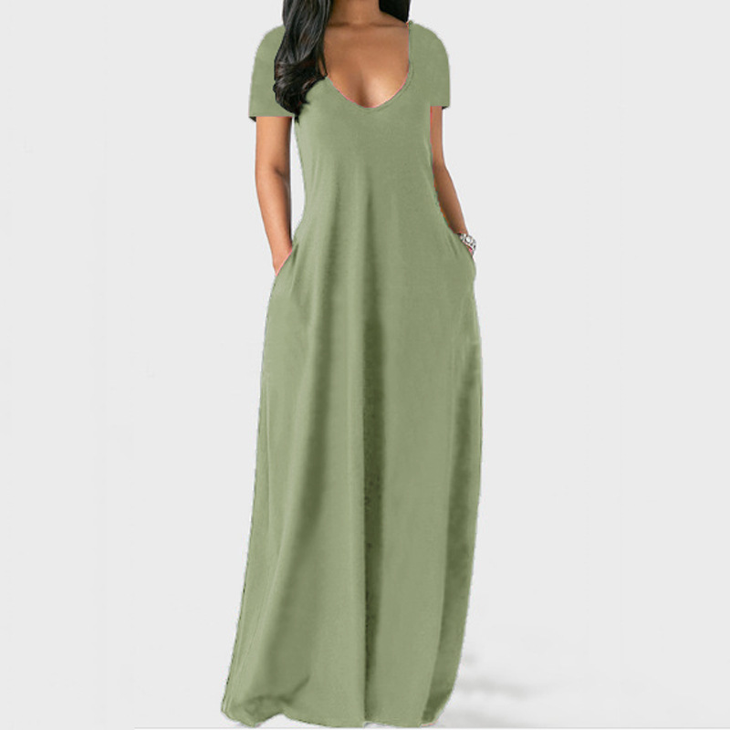 Plus Size Solid Deep V-Neck Short Sleeve Long Dress