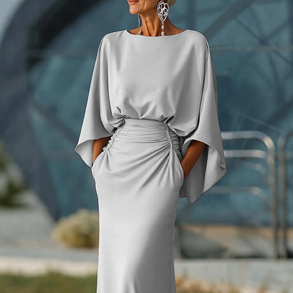 Elegant Open-Back Ruched Long Dress with Pockets