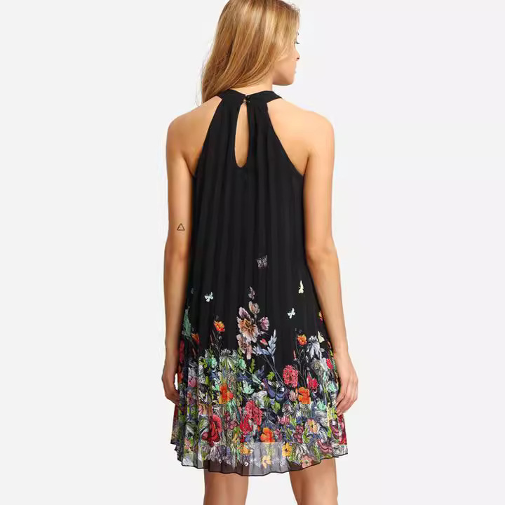 Women's Sleeveless Halter Neck Pleated Floral Print Loose Dress