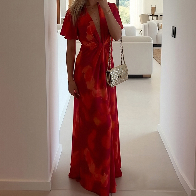 Women's Floral V-Neck High-Waist Long Dress