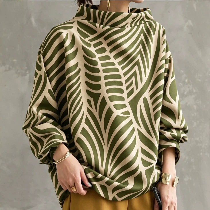 Women's Long Sleeve Loose Colorblock Print High Neck Sweatshirt