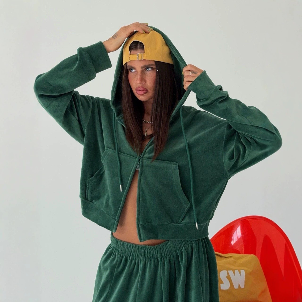 Solid Color Cropped Hooded Cardigan and Wide-Leg Pants Two-Piece Set