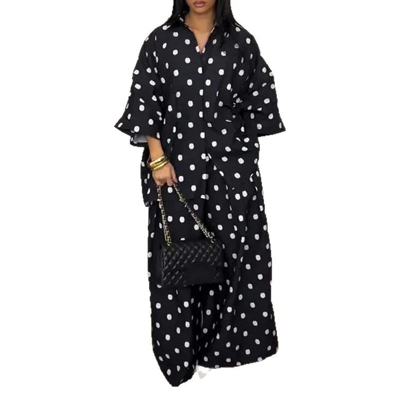 Women's Polka Dot Shirt & Wide-Leg Pants Set