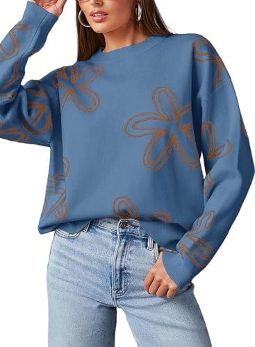 Women's Floral Print Chunky Knit Crewneck Long Sleeve Pullover Sweater