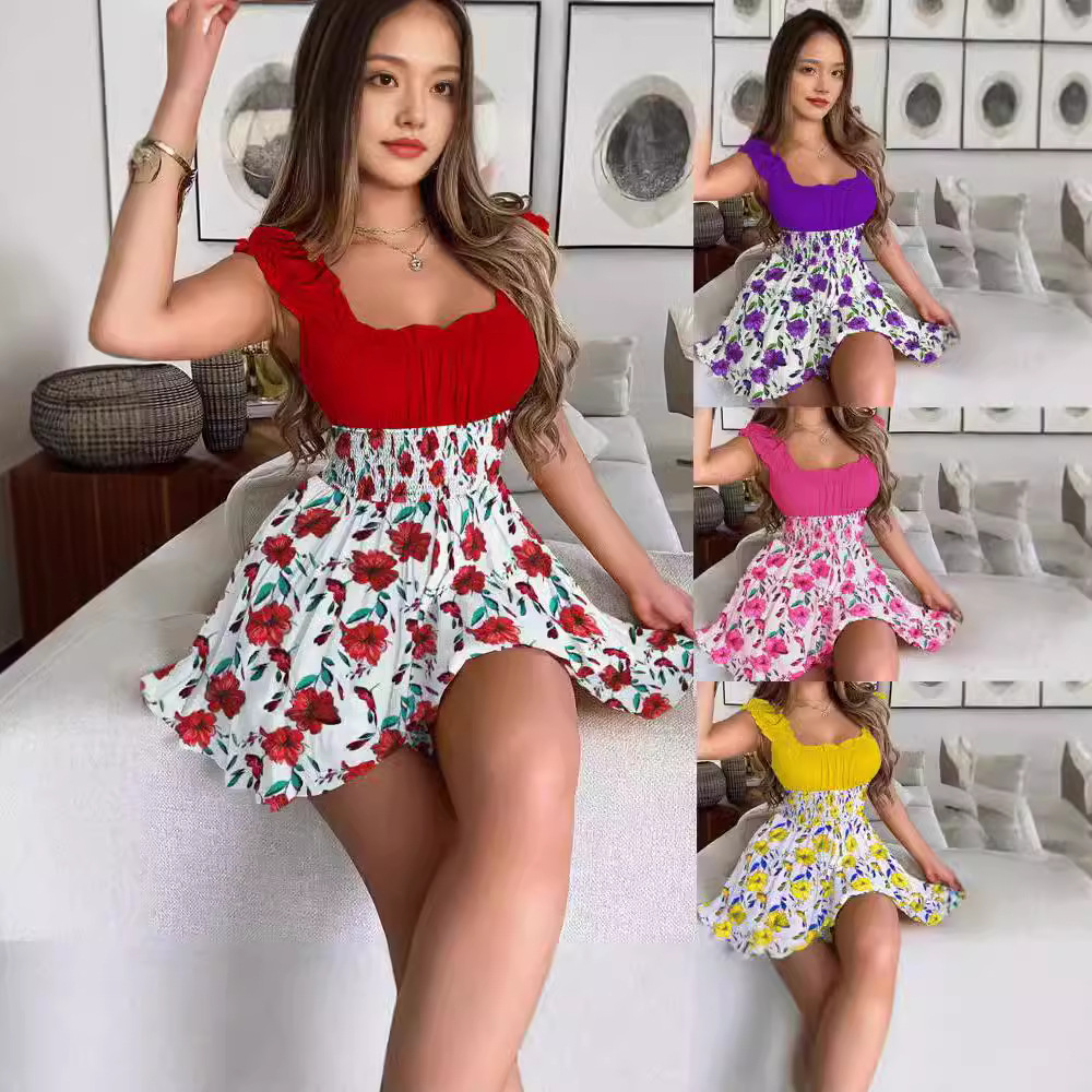 Floral Colorblock Smocked Waist Slimming Round Neck Dress